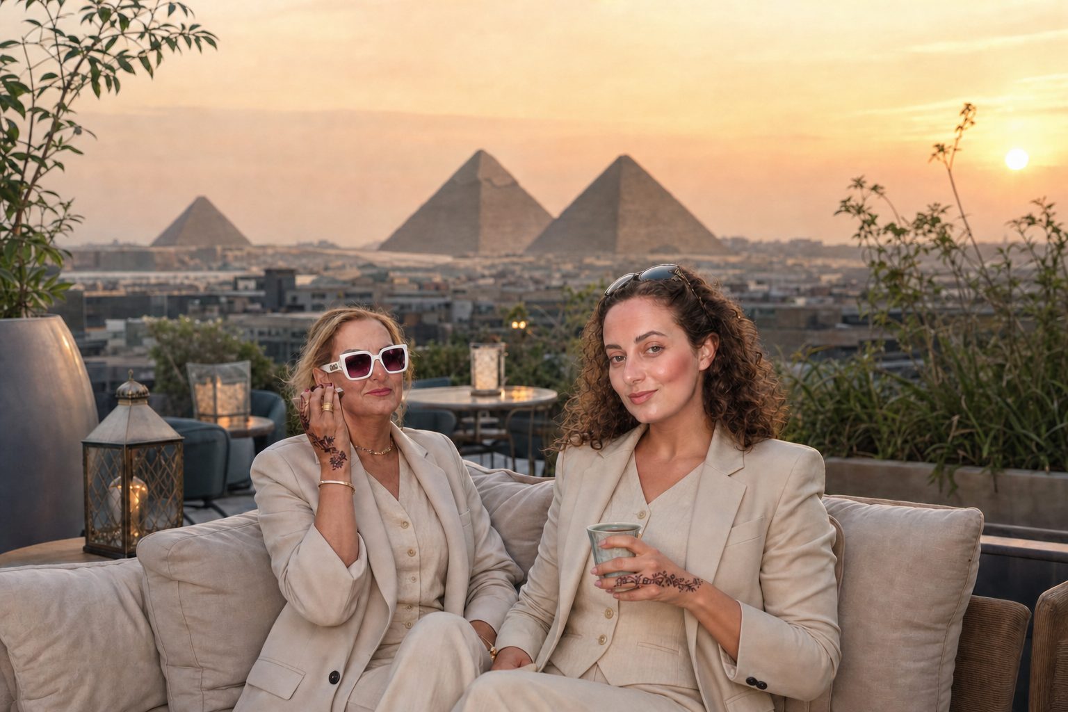 Hanaa and Amina on a Cairo rooftop at sunset with the pyramids behind them