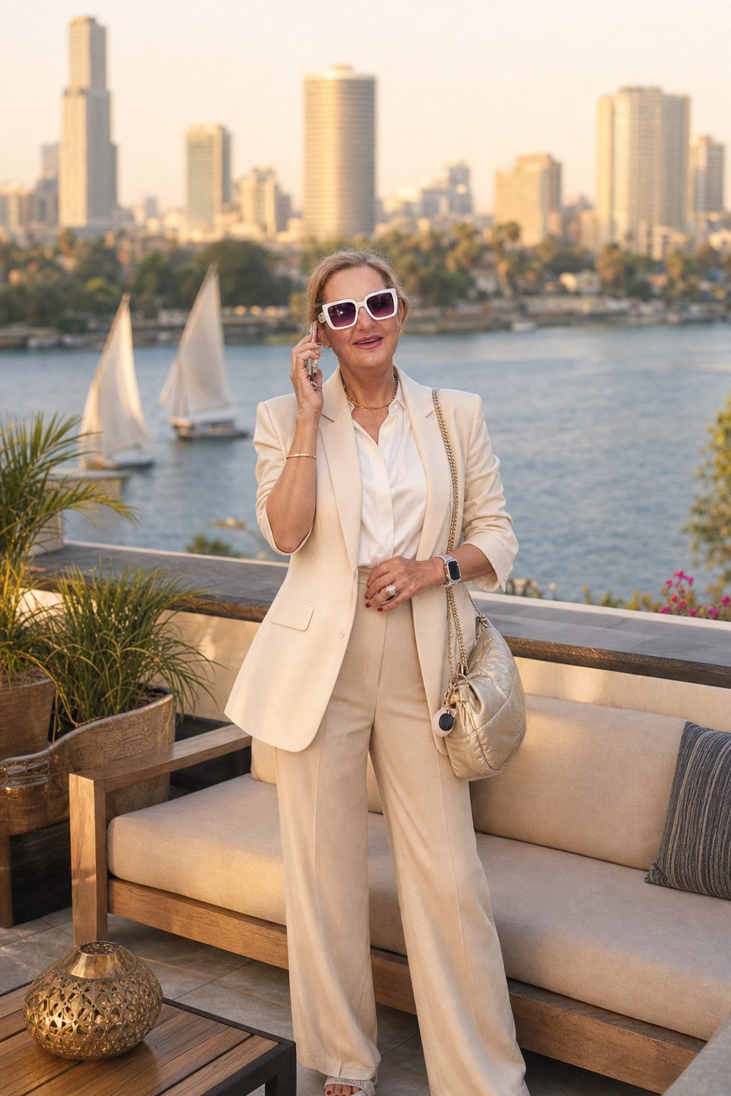 Hanaa Elmahgob in a sand-coloured blazer on a terrace above the Nile in Cairo, with feluccas behind her