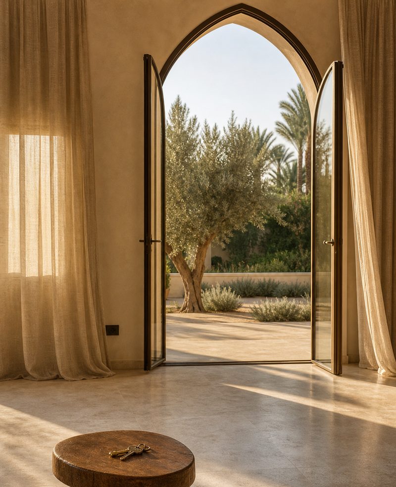 Illustrative image: an empty sunlit room, arched doors open to a garden, house keys on a stool